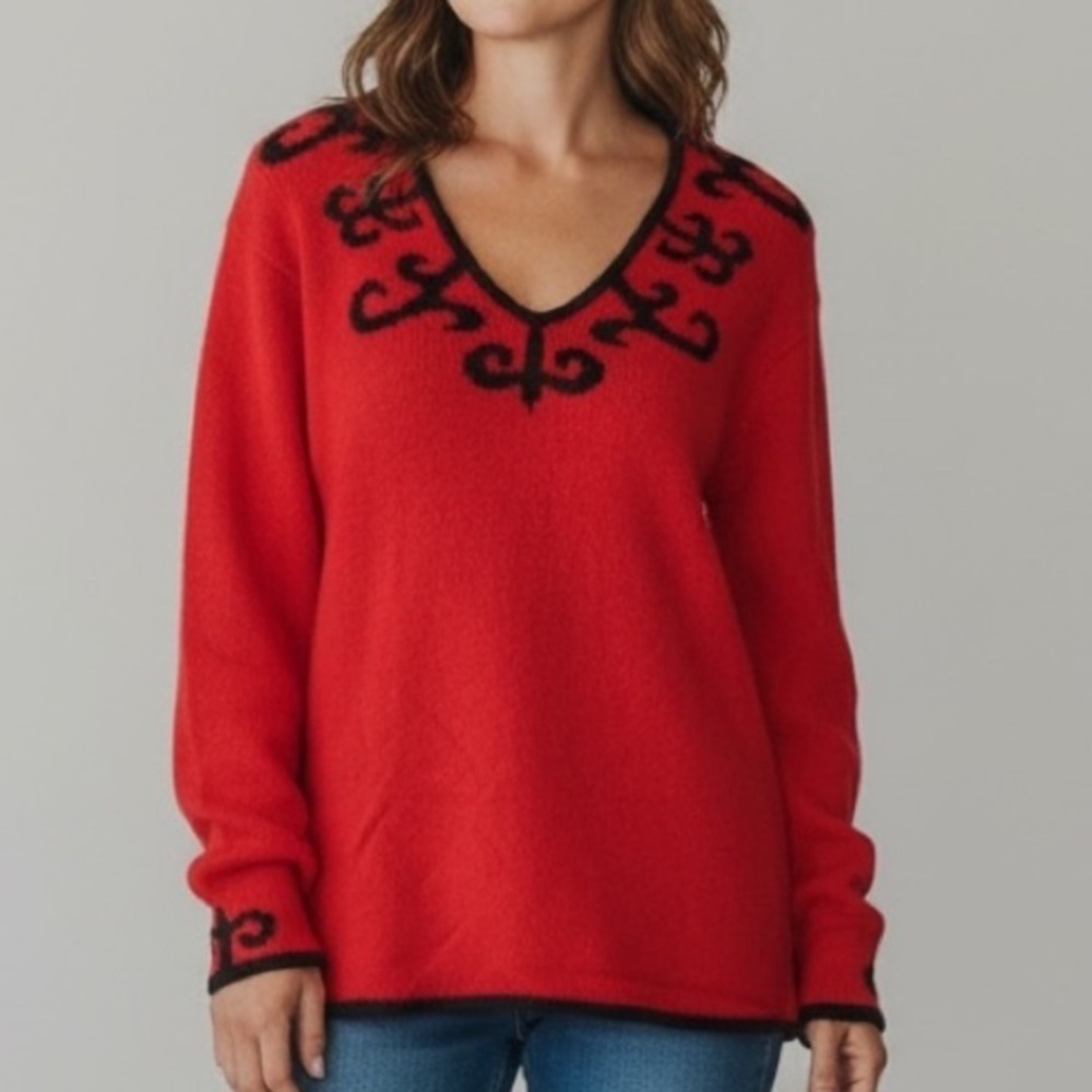 Vintage 90s Liz Claiborne Red silk Angora blend sweater black swirl embroidery.